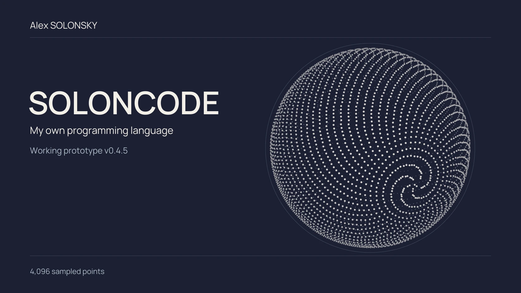 A sphere drawn from 4,096 sampled points generated by SOLONCODE, with the title SOLONCODE and the label Working prototype v0.4.5.